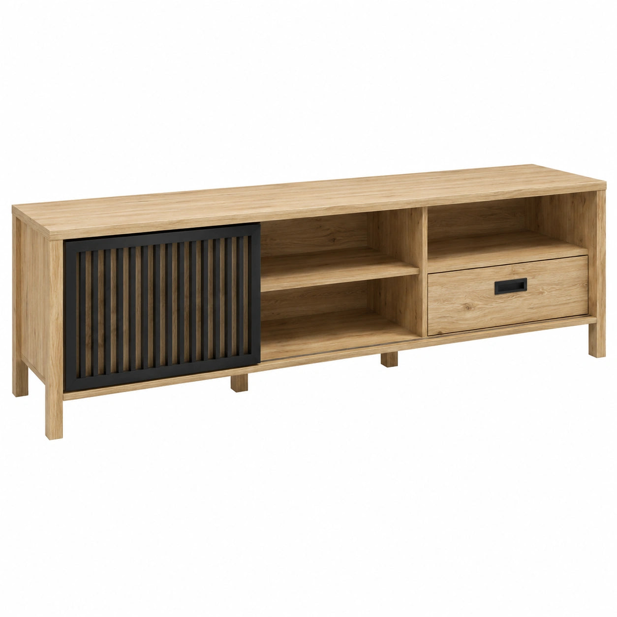 TV-Schrank – 174,8 cm, skandinavischer Stil, mit Stauraum, mit Schubladen, aus Eichenholz, Schwarz