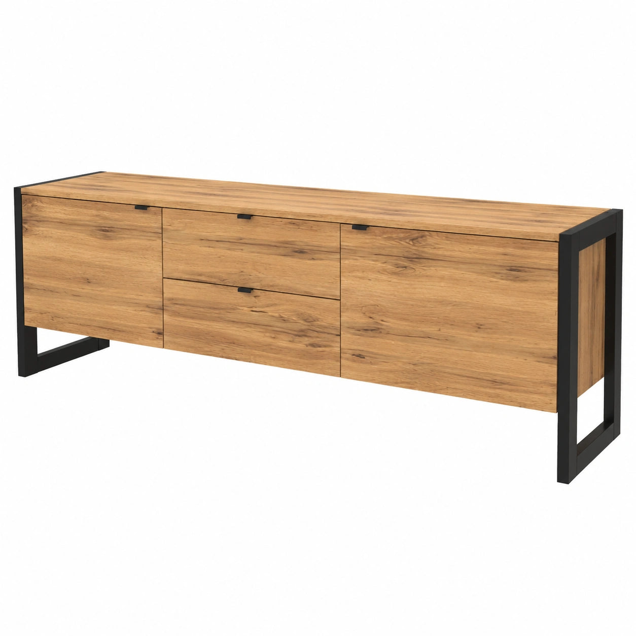 Schrank – 160 cm, Industriestil, mit Schubladen, mit mehreren Türen, aus Eichenholz, Schwarz, für Wohnzimmer