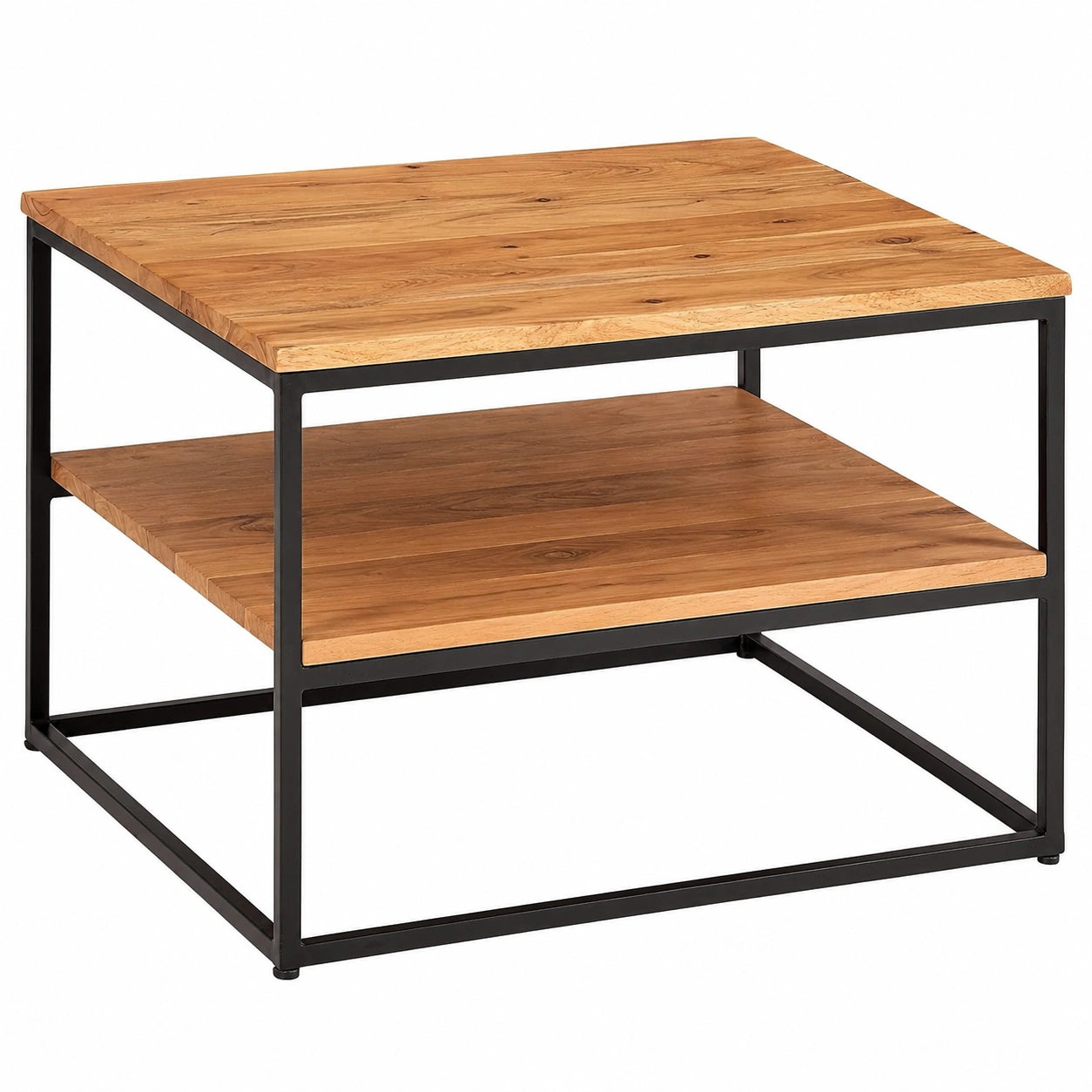 Couchtisch – 60 × 60 cm, Industriestil, mit Ablagen, aus Massivholz, Braun