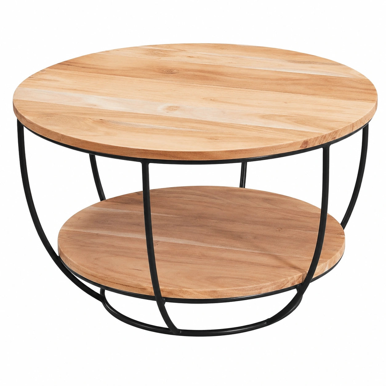 Couchtisch – 60 × 60 × 34,5 cm, runde Form, mit Ablagen, aus Massivholz