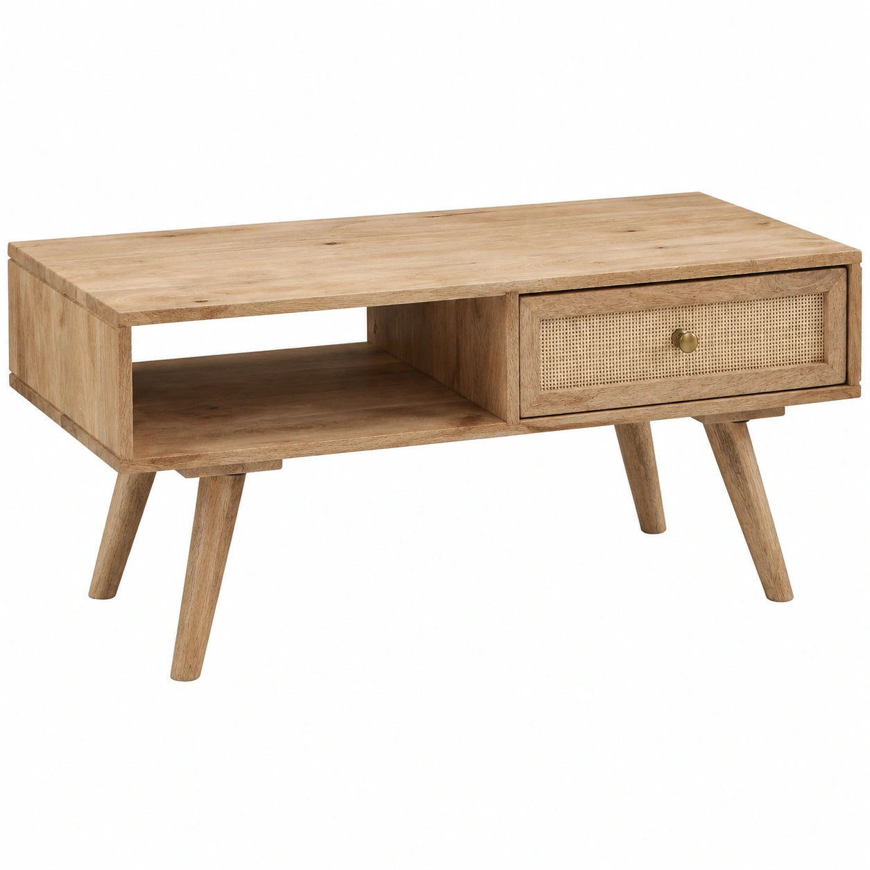 Couchtisch – 90 × 40 × 45 cm, rechteckige Form, mit Stauraum, mit Schubladen, aus Massivholz und Rattan, Braun, für Wohnzimmer