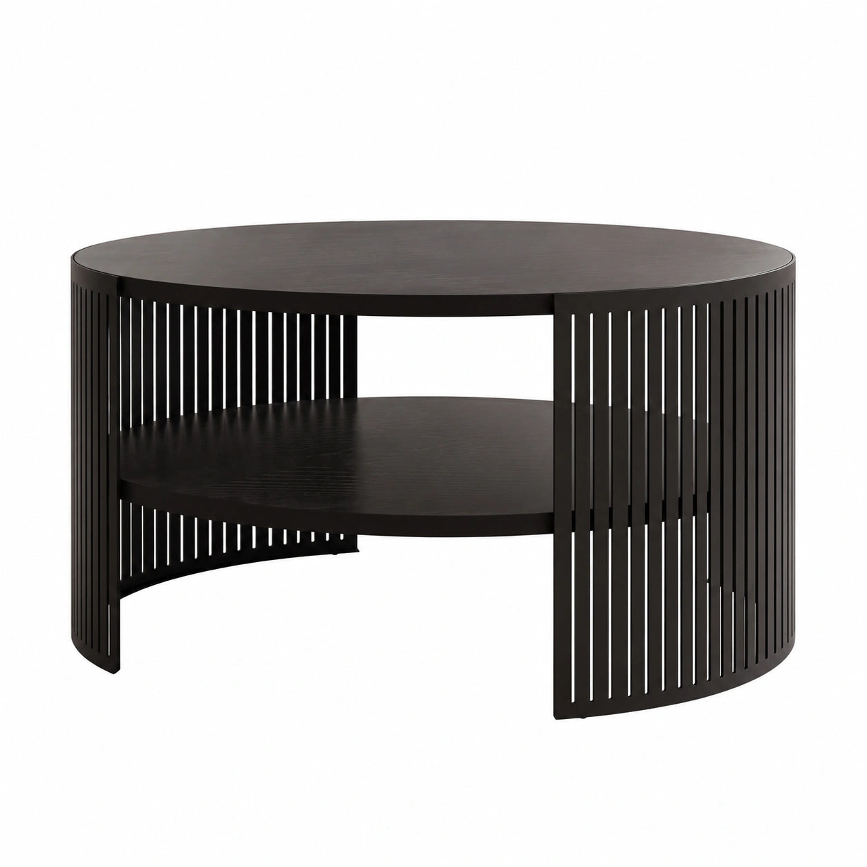 Couchtisch – runde Form, mit Ablagen, aus Metall, Schwarz